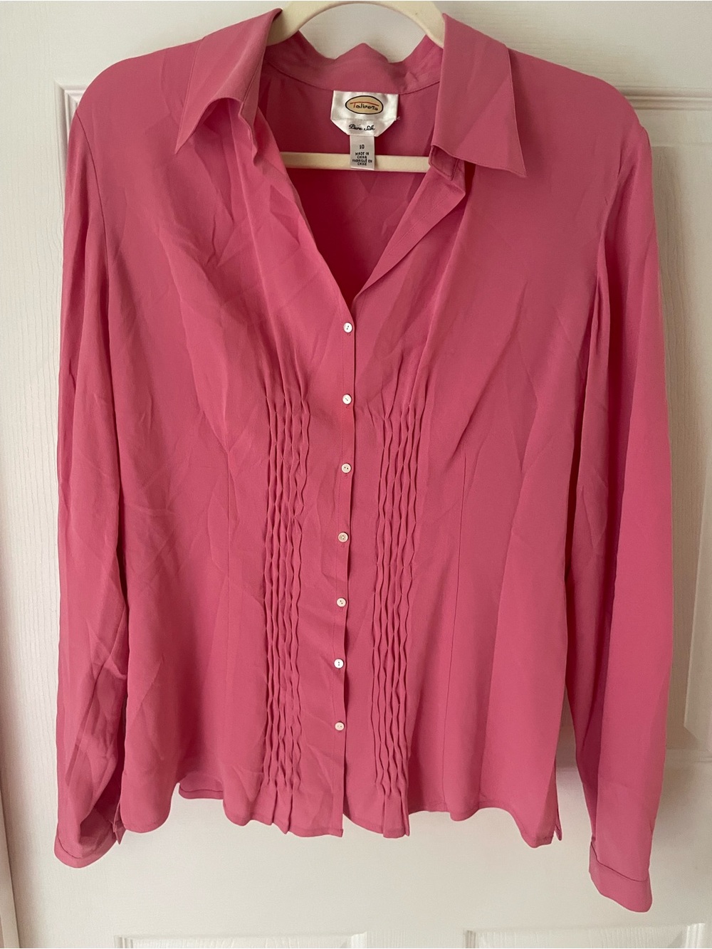 Vintage Talbots Pure Silk Pink Pleated Front Long-Sleeve Blouse